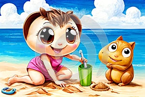 Cartoon comic smile big brown eyes child outdoor beach sand digging