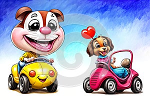 Cartoon comic smile bumper car child push play toy puppy dog watercolor
