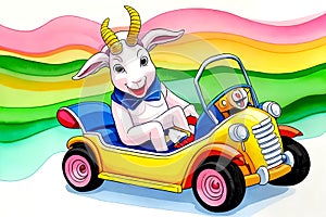 Cartoon comic smile car scooter push toy goat driver watercolor