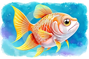 Cartoon comic smile fat goldfish fish swimming aquarium watercolor