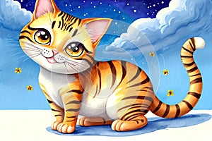 Cartoon comic smile friendly kitty pet art portrait line drawing