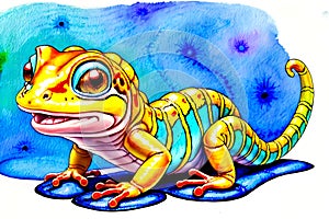 Cartoon comic smile gecko lizard creature friendly smiling watercolor art drawing