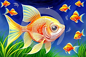 Cartoon comic smile goldfish gold fish school swimming aquarium natural vegetation