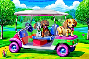 Cartoon comic smile golf cart course puppy dog family summer grass tour