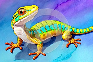 Cartoon comic smile green gecko lizard watercolor paint art drawing