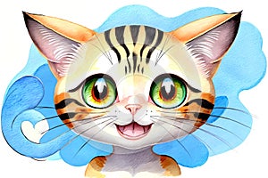 Cartoon comic smile happy kitty cat face portrait big green eyes