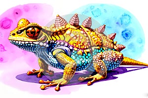 Cartoon comic smile horned toad creature lizard reptile big eyes watercolor