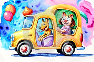Cartoon comic smile jalopy car tour fun balloon watercolor party celebration photo