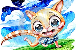 Cartoon comic smile jumping crawling baby creature striped tail