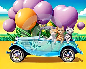 Cartoon comic smile old jalopy car travel balloon decoration color