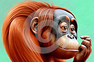Cartoon comic smile orangutan great ape long flowing orange hair thinker photo