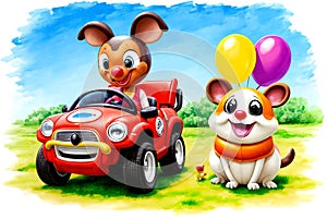 Cartoon comic smile play car child push toy friendly puppy dog pet balloon