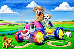 Cartoon comic smile puppy dog push play toy race track grass