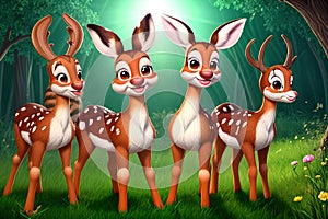 Cartoon comic smile red deer family forest flower backlight photo