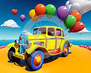 Cartoon comic smile retro car auto old tour jalopy beater balloon birthday party color photo
