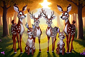 Cartoon comic smile spotted red deer herd forest backlit natural habitat photo