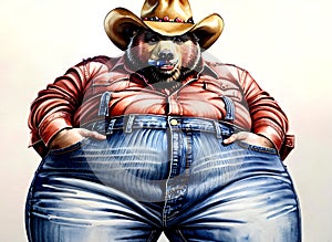 Cartoon comic smile strong grizzly bear clothes tough western hat cowboy