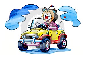 Cartoon comic smile teddy bear driver fun putt car sketch