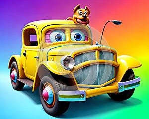 Cartoon comic smile vintage big eyes yellow car pickup classic travel