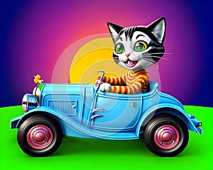 Cartoon comic smile vintage car classic happy pussy cat driver