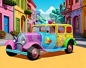 Cartoon comic smile vintage car classic luxury chrome village color