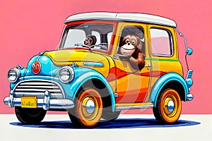 Cartoon comic smile vintage car panel wagon monkey ape driver