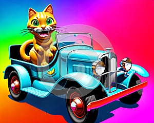 Cartoon comic smile vintage car pickup jeep classic kitty cat big green eyes