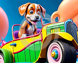 Cartoon comic smile vintage carnival car show classic canine driver