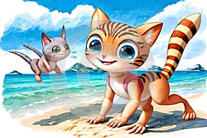 Cartoon comic smiling kitty cat tabby pet ocean seashore water play photo