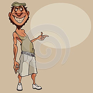 Cartoon comic smiling man in summer clothes points finger at blank banner