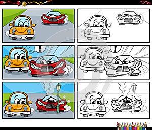 Cartoon comic story with cars characters coloring book page