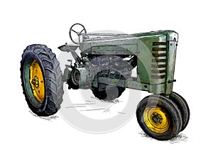 Cartoon or Comic Style Illustration of Old Green Tractor