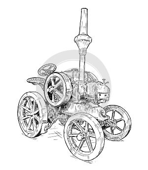 Cartoon or Comic Style Illustration of Old Vintage Tractor