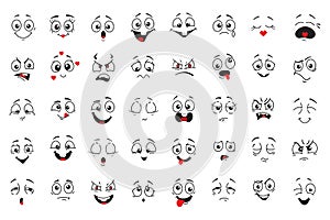 Cartoon comics faces set, Smiling, crying and surprised character face icons