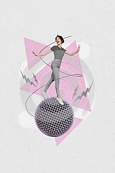 Cartoon comics sketch collage picture of excited smiling lady walking microphone disco ball isolated creative background