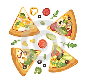 Cartoon composition with delicious Italian food of pizza slices assortment with ingredient variety