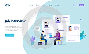Cartoon Composition In Flat Style. Vector Illustration Of Job Interview Concept. Male Interviewer Talking With Female