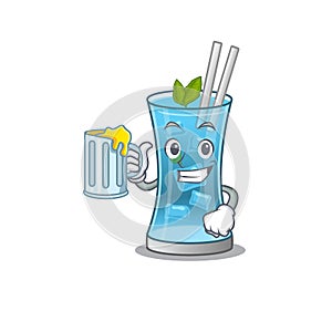 A cartoon concept of blue hawai cocktail with a glass of beer