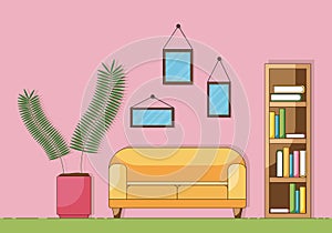 Cartoon concept of the part of a cozy living room with sofa, plant, and books isolated on a pink background. Vector