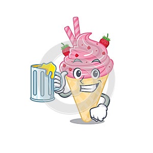 A cartoon concept of strawberry ice cream rise up a glass of beer