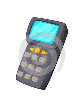 Cartoon concept technology design Handheld Mobile Computer in hand or scanner barcode on white background