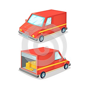Cartoon concept of transportation truck. Delivery van front and back view . Vector illustration.