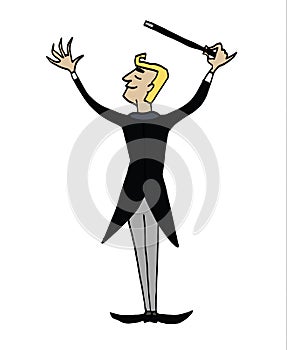 Cartoon conductor. Back of a man conducting an orchestra.