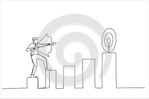 Cartoon of confidence businessman aiming his bow arrow to top of high performance target. Business challenge to achieve higher