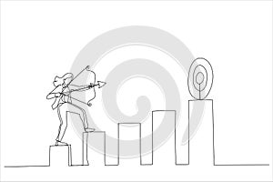 Cartoon of confidence businesswoman aiming his bow arrow to top of high performance target. Business challenge to achieve higher