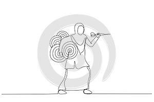 Cartoon of confident businesswoman carrying many dartboard target. Metaphor for handling multiple businesses simultaneously,