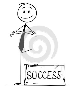 Cartoon of Confident Man or Businessman Standing on Ashlar With Success Text With Arms Crossed photo
