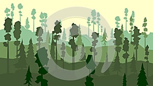 Cartoon of coniferous forest in green tone.