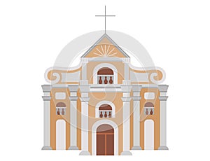 Cartoon construction of catholic church with symbol of faith