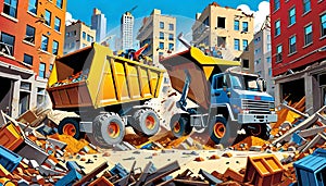 cartoon construction dump truck demolition trash loader